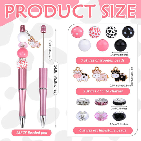 18 Pieces Beadable Pen Diy Cow Series Ballpoint Pen Set In Black Ink, With 110 Various Beads, 18 Pcs Lobster Clasps, 18 Cow Pendants, Diy Gifts Cr...