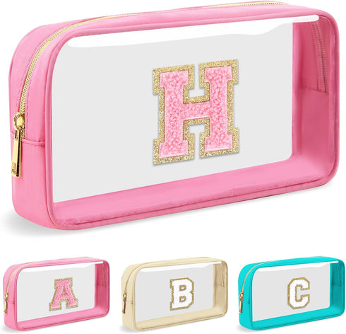 Personalized Initial Letter Clear Makeup Bag,Preppy Small Nylon&PVC Cosmetic Zipper Bag with Chenille Letter,Portable Beach Travel Skincare Toilet...