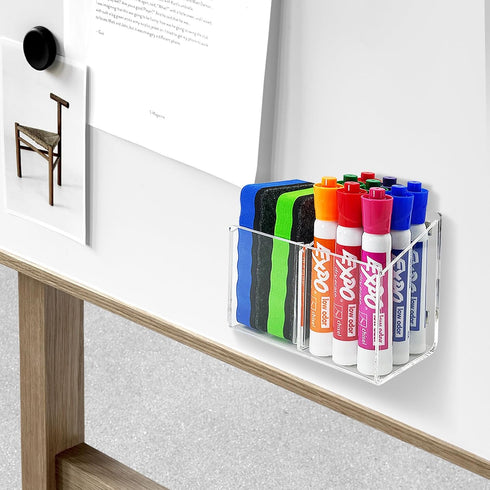 Magnetic Dry Erase Marker Holder, Acrylic Magnetic Pen Holder for Fridge, Magnetic Marker Holder for Whiteboard, 2 Compartments Whiteboard Marker ...
