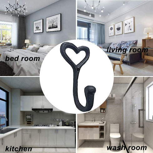 ZEYU Heavy Duty Coat Hooks, 4pcs Cast Iron Love Heart Shape Wall Hooks for Hanging Coats, Black No Rust Hooks for Scarf, Bag, Towel, Key, Cap, Cup...