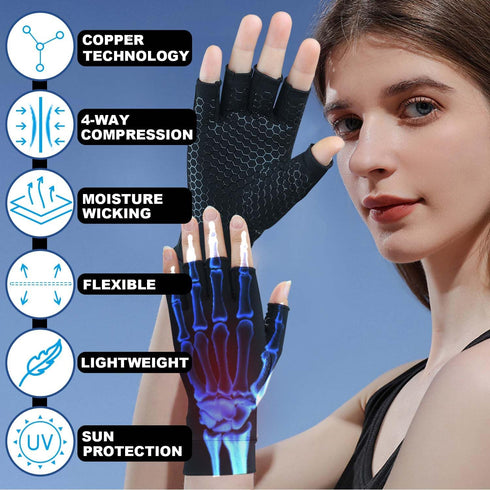 2 Pairs Copper Arthritis Gloves for Carpal Tunnel Pain Relief, Compression Gloves to Alleviate Hand Pain, Swelling, Fingerless Computer Typing Glo...