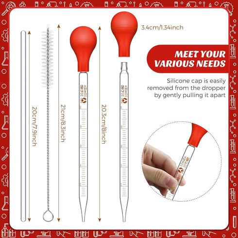 Weewooday Glass Droppers Pipettes Graduated Lab Dropper Glass Liquid Pipette with Big Rubber Hats 20 cm Glass Stir Rod Washing Brush Transfer for ...