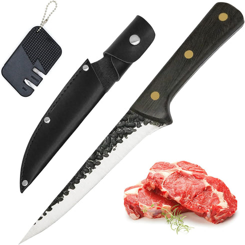 Premium Boning Knife with Sheath & Pocket Knife Sharpener 6 Inch High Carbon Stainless Steel Professional Japanese Fillet Knife Meat Cleaver Hand ...
