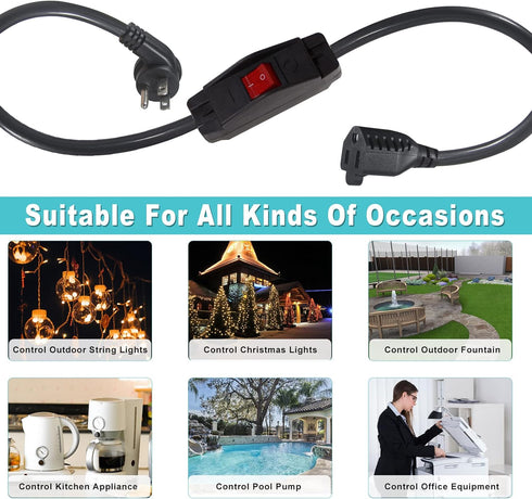 Short Outdoor Extension Cord with On/Off Switch - 1.5FT Waterproof 3 Prong Extension Cord with Inline Switch, 1875W Heavy Duty Black SJTW 14AWG Gr...