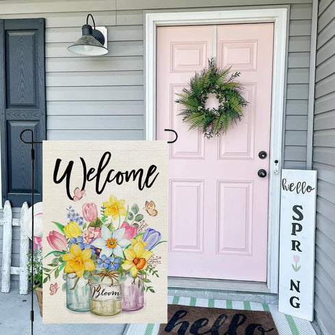 CROWNED BEAUTY Spring Garden Flag Floral Mason Jar 12x18 Inch Double Sided for Outside Small Burlap Seasonal Welcome Yard Flag...