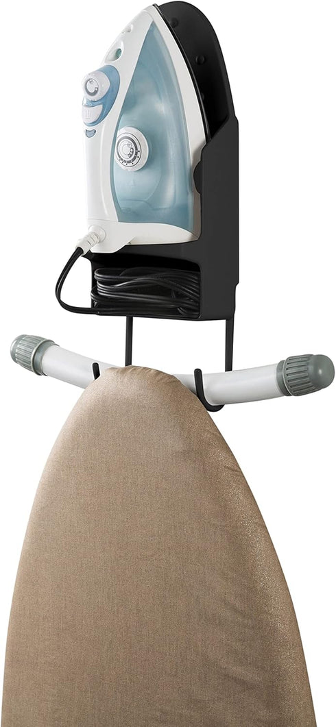 Woolite Wall Mount Iron and Ironing Board Organizer | Fits Most Irons | Holds T-Shaped Ironing Boards | Laundry Room Storage | Black...