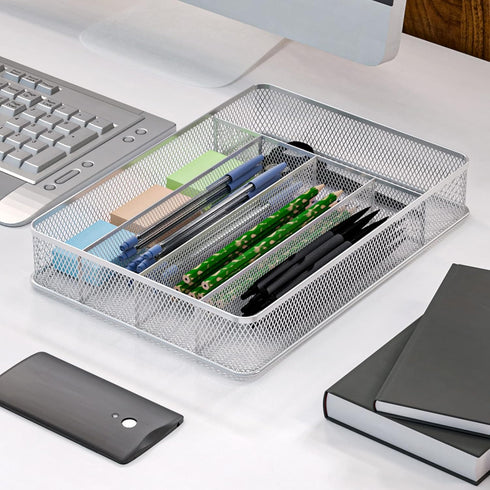 TQVAI Silverware Organizer - 5 Slots Non-Slip Mesh Kitchen Drawer Organizer - Metal Compact Utensil Cutlery Holder in Drawer Tray, Silver...