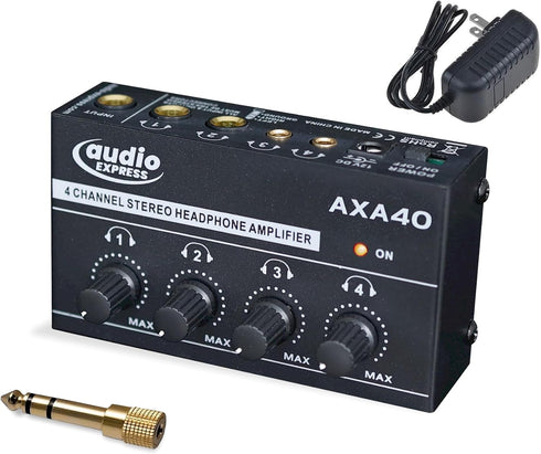 AXA40 Mini 4 Channel Combination 1/4" and 3.5mm TRS Stereo Headphone Amplifier w/Two 3.5mm and Two ¼” TRS Stereo Outputs Includes 12V Power Supply...