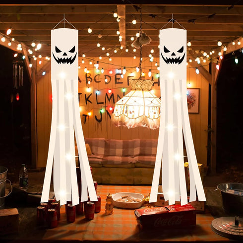 CCINEE 2 Pack Halloween Ghost Windsock Flag with Lights, 70.8 Inch Glow in the dark Halloween Outdoor Hanging Decor for Yard Patio Garden Pathway ...