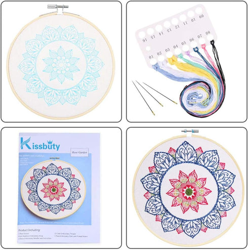 KISSBUTY Full Range of Embroidery Starter Kit with Pattern, Cross Stitch Kit Including Embroidery Fabricwith Floral Pattern, Bamboo Embroidery Hoo...