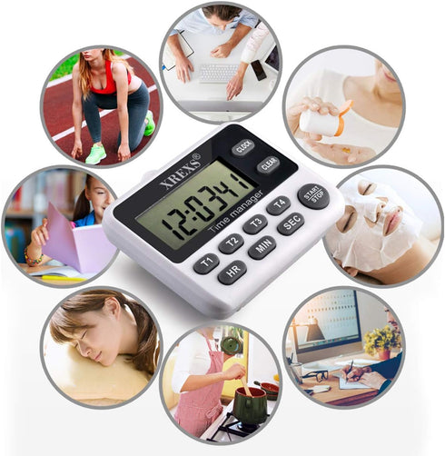 XREXS 4-Channel Digital Kitchen Timer Clock with Large LCD Display, 4 Groups Simultaneous Timing Countdown Up Pocket Timer, Magnetic Attachable (B...