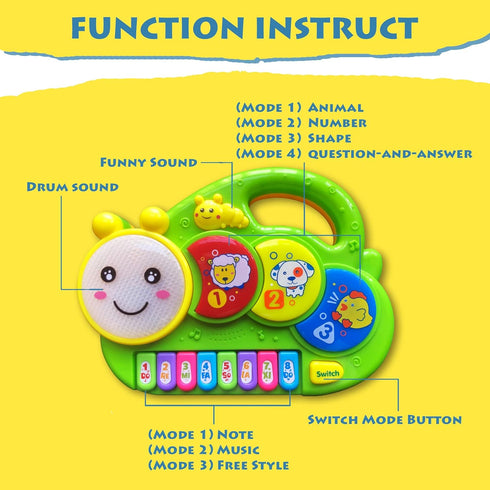 Baby Piano DrumToy, Caterpillar Piano Keyboard Drum Light Up Sound Musical Toy, Learning Educational Interactive Infant Toddler Kids Toys Gift for...