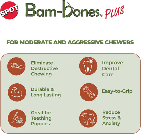 SPOT Bam-bones PLUS T Bone - Bamboo Fiber & Nylon, Durable Long Lasting Dog Chew for Aggressive Chewers – Toy for Dogs & Puppies under 90lbs, Non-...