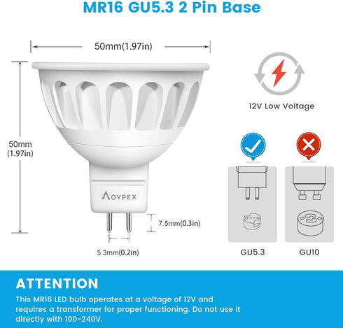 MR16 LED Bulb 6Pack,12V 5W(50W Halogen Replacement),2700K Warm White,GU5.3 Bi-Pin Base, Non-Dimmable MR16 LED Spot Light Bulbs for Indoor Outdoor ...