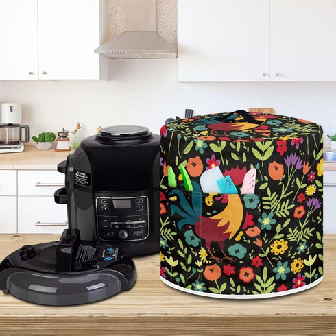 Floral Rooster Pressure Cooker Cover Kitchen Small Appliance Dust Cover with Top Handle and Pocket for Attachments, Easy to Clean...