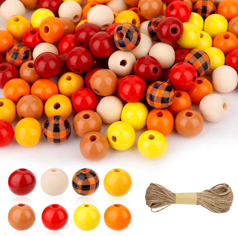 240pcs Fall Wooden Craft Beads with Hemp Rope, Thanksgiving Halloween Wooden Beads Plaid Wood Beads Wooden Round Beads Autumn Wooden Beads for DIY...