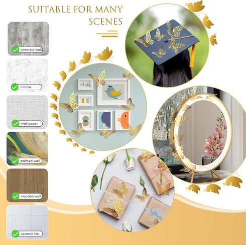 3D Gold Butterfly Wall Decor 3 Sizes 4 Styles Butterfly Party Decorations Cake Decorations Removable Stickers Wall Decor Room Mural Metallic Kids ...