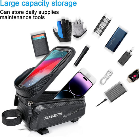 Bike Phone Bag Bike Front Frame Bag Waterproof Bicycle Phone Handlebar Holder Case Bicycle Pouch Sensitive Touch Screen Compatible Below 6.5"(Blac...