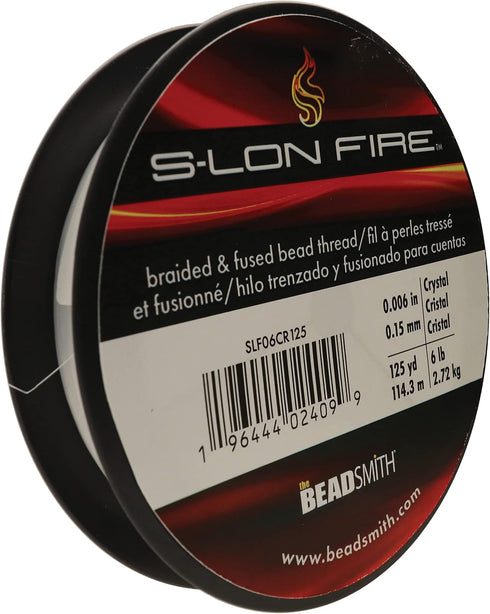 The Beadsmith S-Lon Fire – Braided and Fused Bead Thread – 6lb. Test, 006”/.15mm Diameter, 125 Yard Spool, Crystal Clear Color – Super Strong Stri...