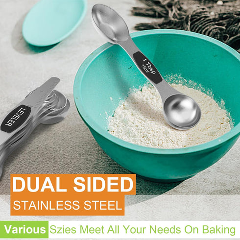 Magnetic Measuring Spoons Set - Wildone Stainless Steel Double Sided Measuring Spoons Set of 7 Black, for Dry & Liquid Ingredients, Including 6 He...