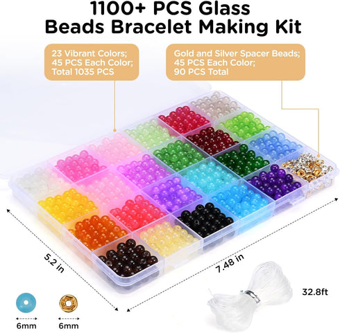 Yelofesh 1100PCS 6mm Glass Beads for Jewelry Making, 24 Vibrant Colors Crystal Round Glass Beads for Bracelets, Complete Bracelet Making Sets for ...