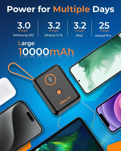 Vida IT Small Compact Power Bank Battery Pack for Heated Vest Jacket Chair, 10000mAh Mini Portable Charger for iPhone 11 12 Samsung S22 S23 Androi...