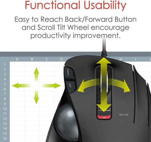ELECOM EX-G Wired Trackball Mouse, Ergonomic, Thumb Control, Smooth Tracking Roller Ball, 6 Programmable Buttons, Tilt Scroll Computer Mice for PC...