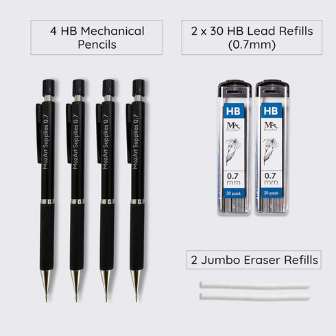 MozArt Mechanical Pencil 0.7mm Set with Case - With 2 x 30 HB Lead Refills, Eraser Pen With Refills -Sketch, Architecture, Drafting, Art, Drawing ...