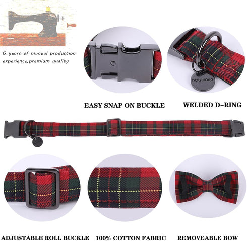 DOGWONG Christmas Red Plaid Dog Collar with Bowtie, Cute Cotton Dog Collar Red Christmas Dog Bowtie Durable Soft Pet Dog Collar for Small Medium L...