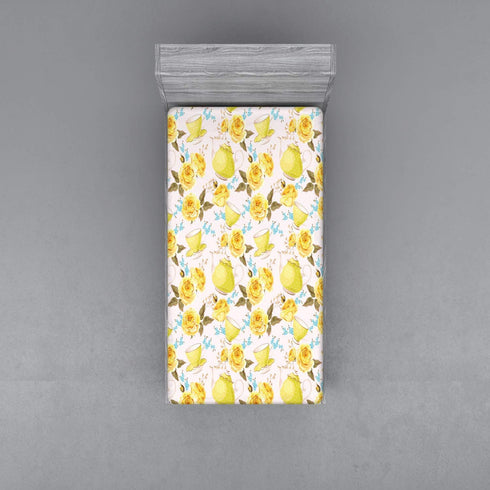 Ambesonne Tea Fitted Sheet, Inspired Image with Tea Time Cups and Pots Floral Details, Soft Decorative Fabric Bedding All-Round Elastic Pocket, Tw...