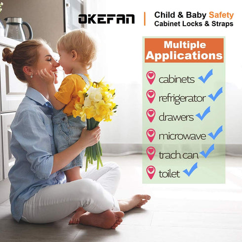 Child Safety Cabinet Strap Locks - OKEFAN 12 Pack Baby Proofing Adhesive Latches for Kids Drawer Cupboard Dishwasher Fridge Oven Door No Drill (Wh...