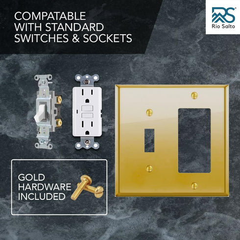 BRASS High Polished Gold Light Switch Cover MIDSIZE Wall Plate Combination Toggle Decorator Rocker 2 Gang Decora Toggle Metal Wallplate Combo Deco...