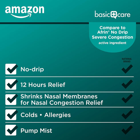 Amazon Basic Care No Drip Severe Congestion Nasal Pump Mist Spray, 12 Hour Relief, Oxymetazoline HCl, Maximum Strength Plus Menthol, Steroid Free,...