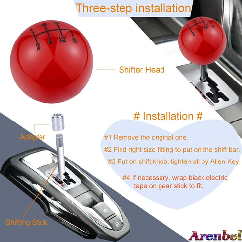 Arenbel 6 Speed Polished Gear Lever Stick Shift Speed Knob Ball Car Shifter Grip Handle Replacement Fit Regular Auto Manual Transmissions, Red...