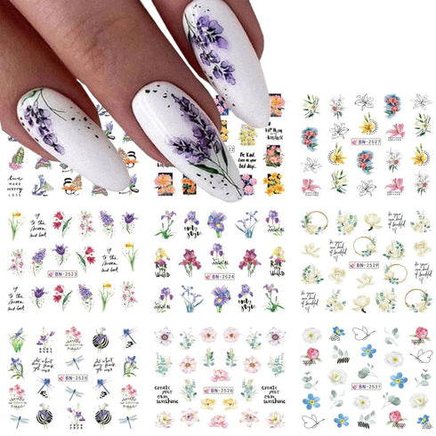 12 Sheets Flower Nail Art Stickers Spring Summer Nail Stickers Water Transfer Nail Art Supplies Lily Orchid Butterfly Small Flower Spring Nail Dec...