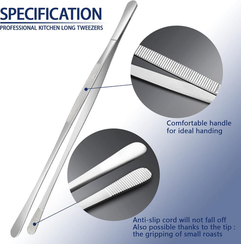4 Pcs Cooking Tweezers Tongs, 12''&10'' Stainless Steel Food Tongs Set, Professional Kitchen Long Tongs for Cooking,Repairing,Sea food,BBQ,Multi-u...