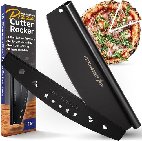 KitchenStar 16-Inch Pizza Cutter Rocker Blade - Sharp Stainless Steel Slicer Knife, Protective Cover, Black Nonstick, Large - Professional Pizza O...