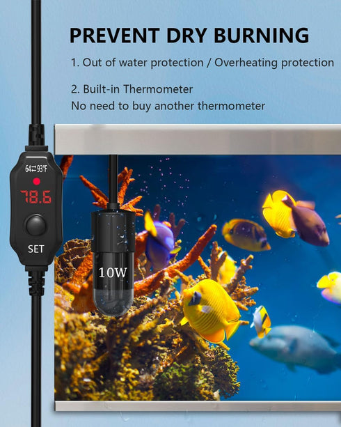 Submersible Aquarium Heater 10W, for 1-2 Gallon Tank, Adjustable for Fish Turtle Tank, with Built-in Digital Display Thermometer, USB 5V 2A Powere...