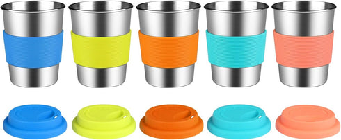 KEREDA Kids Stainless Steel Cups With Silicone Lids & Sleeves, 5 Pack 8 oz. Drinking Tumblers...