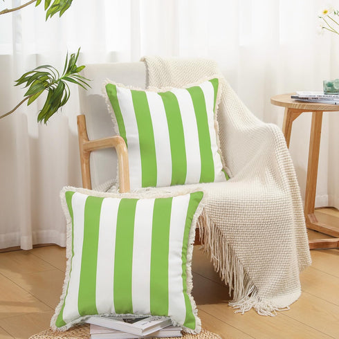Outdoor Throw Pillow Covers 18×18 Inch, Waterproof Square Throw Pillow Cases with Fringe, Striped Decorative Outdoor Cushion Covers for Garden, Pa...