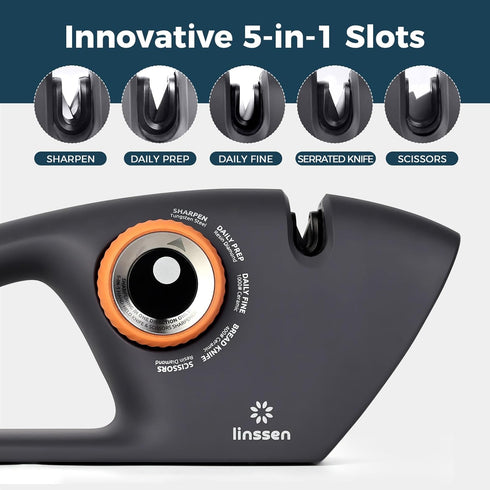 LINSSEN Knife Sharpener with Adjustable Knob, 5-Stage Handheld Premium Kitchen Knife Sharpener Tool, Diamond/Ceramic/Steel Sharpening Stone for Po...