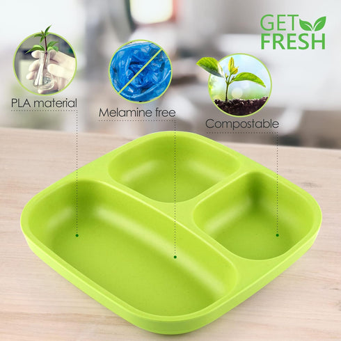 GET FRESH PLA Kids Divided Plates Set – 2-pack Melamine-Free Sectioned Plates for Kids and Toddlers – Stackable BPA-free Childrens Dinnerware Divi...