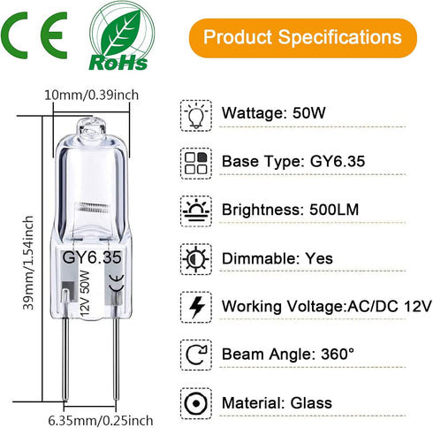 GY6.35 Halogen Bulb 50W, 12 Pack Dimmable GY6.35 Light Bulb Q50/CL/GY6/12V/T3/T4 JC Type GY6.35/G6.35 Bi-pin Base AC/DC 12V Warm White 2700K Singl...