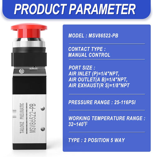 TAILONZ PNEUMATIC 1/4”NPT Automatic reset type Push Button 5 Way 2 Position Pneumatic Control Mechanical Valve...