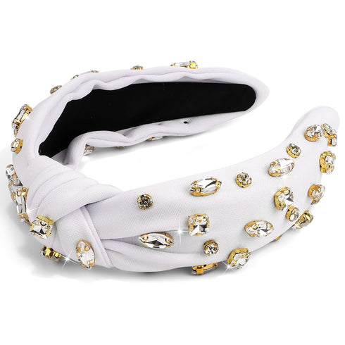 White Knotted Headband with Rhinestone for Women, Jeweled Beaded Wide Top Knot Headband Sparkly Crystal Bedazzled Embellished Head Bands for Women...