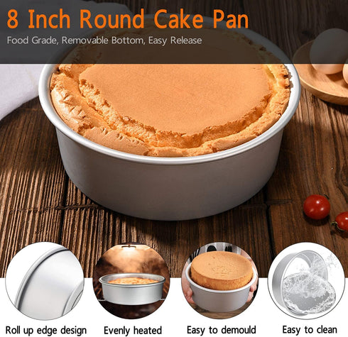 8 Inch Round Cake Pan, Non-Stick Cake Baking Pans with Removable Bottom, Aluminum Cheesecake Pan Chiffon Cake Mould...