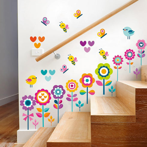 Flowers Wall Stickers for Kids Bedroom -Butterfly Bee Floral Wall Decals for Girls Room,Classroom,Nursery, Playroom- Removable DIY Peel and Stick ...
