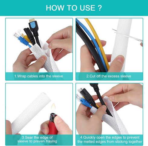 6.6ft - 4/5 inch White Cable Sleeve, Cable Organizer for Desk PC TV Computer, Wire Protector Cable Wrap Cover, Cord Management for Home Office...