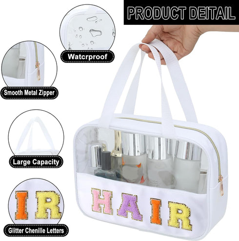 Chenille Letter Patch Clear Bag,Preppy Multi-purpose PVC&Nylon Clear Makeup Bag with Handles,Large Travel Makeup Toiletry Storage Zipper Pouch, To...