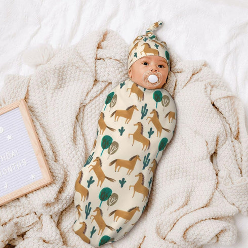 Cute Horse Baby Stuff Newborn Swaddle Blanket with Beanie Set, Soft and Stretchy Baby Blanket Swaddle Wrap Sack for Boy and Girl...